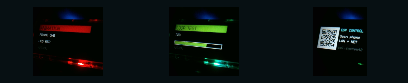 Cropped C615 contact sheet showing a red animation status frame, green progress frame, and the ESP control QR on the T-Dongle
