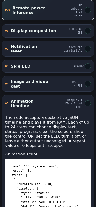 Mobile Unified Clock animation accordion showing the expanded SOL systems tour JSON with a 3300 millisecond opening step