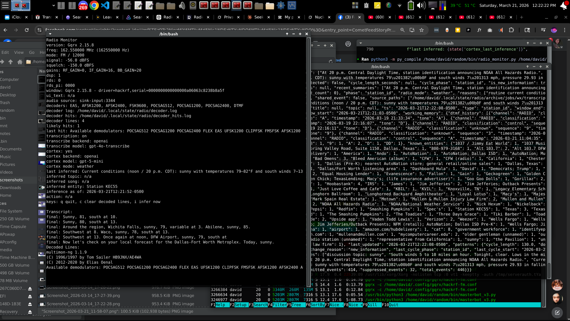 Desktop screenshot showing the radio monitor tuned to 162.550 MHz weather radio, with cortex in weather mode, a current-conditions inference, live transcript lines, and adjacent terminals displaying cortex event and memory JSON.